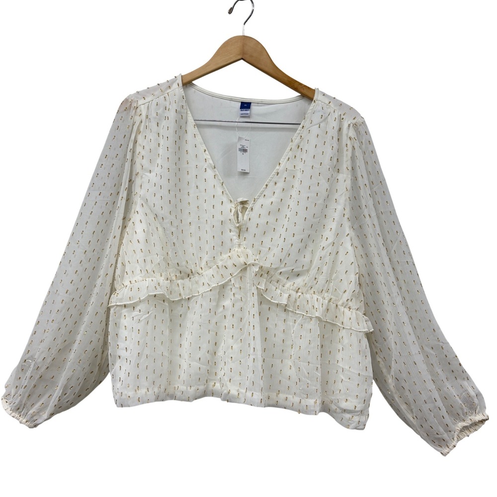 Old Navy Womens XL White Gold Metallic Clip Dot Ruffle holiday Peplum Blouse